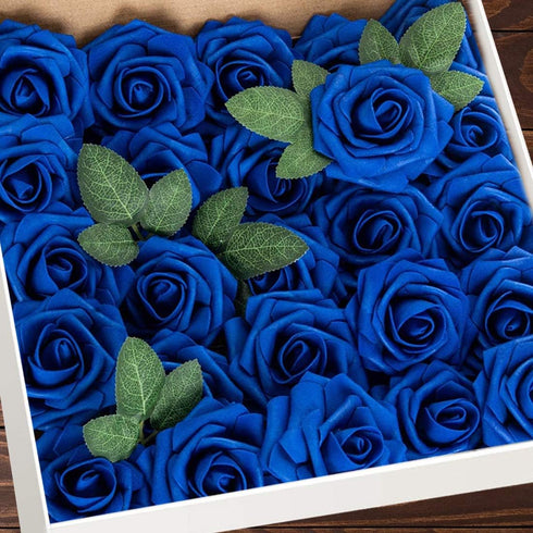 Artificial Flowers 25pcs Real Looking Royal Blue Foam Fake Roses with Stems for DIY Wedding Bouquets White Bridal Shower Centerpieces Arrangements...