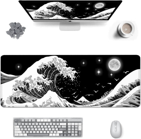 Gaming Mouse Pad Japanese Black and White Sea Wave Large XXL Mouse Pad Extended Big Desk Mat 31.06" x 11.8" Keyboard Laptop Computer Mousepad for ...