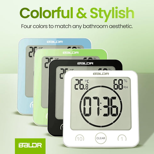 BALDR Digital Shower Clock with Timer - Black - Water-Resistant Shower Timer, Countdown Timer Clock with Temperature and Humidity, Digital Clock f...