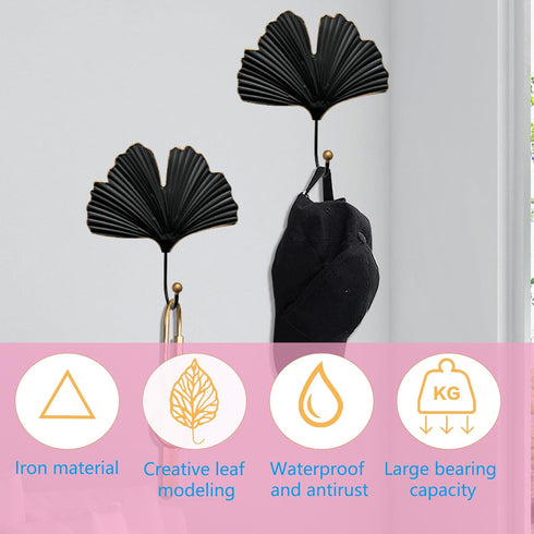 Iron Single Hooks Modern Leaf Decoration Style for Room Wall Mounted Decoration, Coats, Hats, Handbags Scarves Hanging, Home Decor 2pcs (6in Black...
