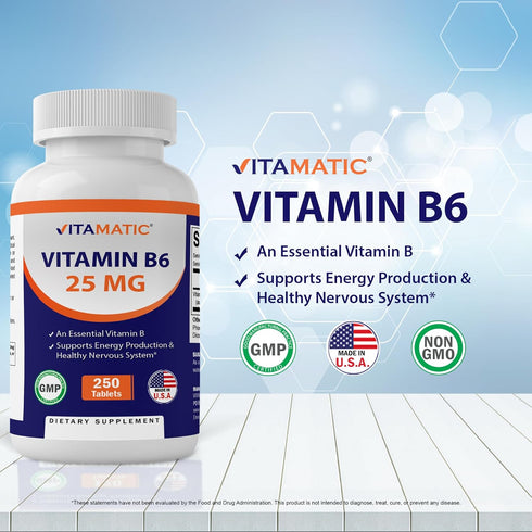 Vitamatic Vitamin B6 (Pyridoxine HCI), 25 mg 250 Vegetarian Tablets - Promotes Energy Production, boosts Metabolism and Immune Health Support...