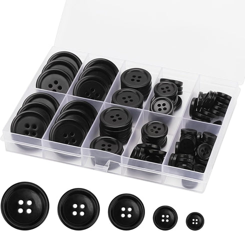 100 Pcs Premium Mixed Resin Sewing Buttons, ONEHERE Eco-Friendly 4-Hole Craft Buttons, 5 Sizes of Black Buttons Suitable for Sewing, DIY and Holid...