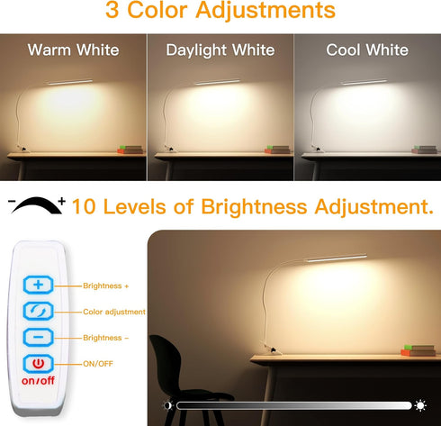 ORALUCE Clip on LED Desk Lamp Reading Light, 3 Modes 10 Brightness Dimmable Clip on Desk Light, Flexible Gooseneck Swing Arm Desk Lamp with Clamp ...
