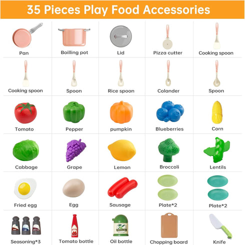 35Pcs Kids Kitchen Toy Accessories, Toddler Pretend Cooking Playset with Play Pots and Pans, Utensils Cookware Toys, Play Food Set, Toy Vegetables...