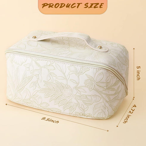 Large Capacity Travel Cosmetic,Makeup Bag Portable PU Leather Waterproof Flat Open Storage Bag with Handle Skincare Toiletry Bag for Women Graduat...