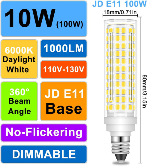E11 LED Bulb Dimmable, JDE11 120V 100W Halogen Equivalent, 10W 1000 Lumen T3/T4 Mini Candelabra Base, E11 Bulbs for Ceiling Fan, Cabinet Lighting,...