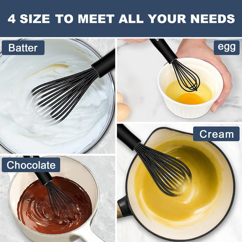 Silicone Whisk,Whisk Non Scratch Whisk for Nonstick Cookware, 5+7+9+11in Siliocne Coated Wisk Perfect for Blending,Beating,Stirring and Kitchen Co...
