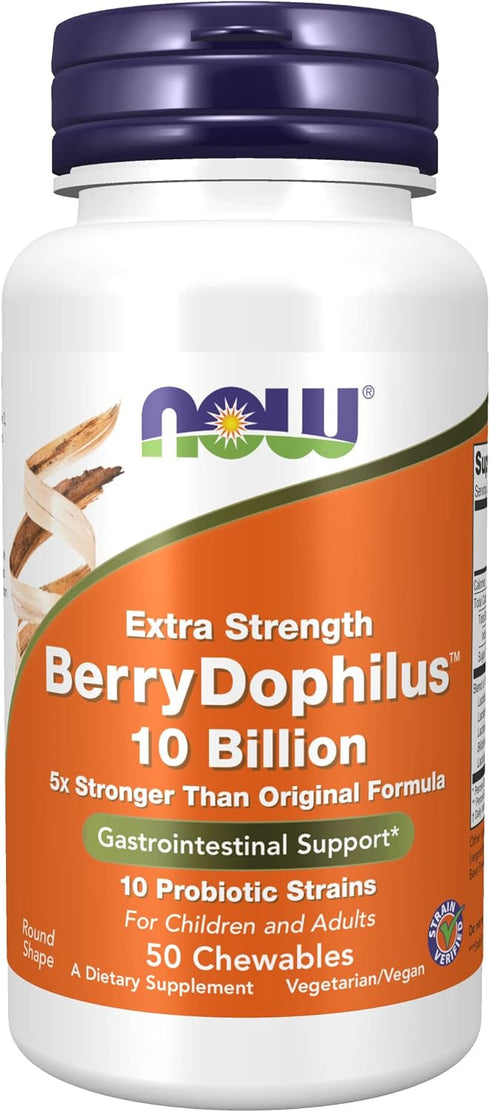 NOW Supplements, BerryDophilus™, Developed for Adults & Children with 10 Probiotic Strains, Extra Strength,Strain Verified, 50 Chewables...