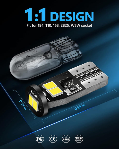 Yorkim 194 LED Bulb White CANBUS Error Free T10 LED 6-SMD 2835 Chipsets 2825 168 W5W Bulb No Polarity Replacement Bulbs for Map Dome Trunk Liscens...