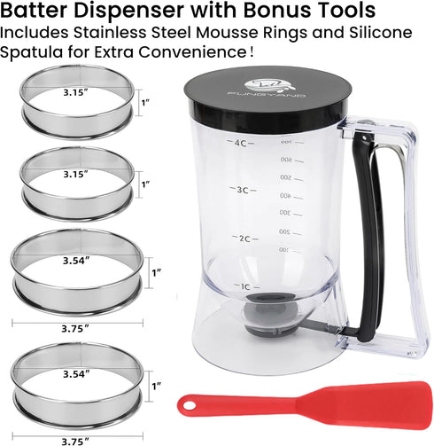 Fungyand Pancake Batter Dispenser - 4 Cups Complete Batter Dispenser Set with Muffin Rings, Spatula - Ideal Baking Tools for Pancakes, Cupcakes, W...
