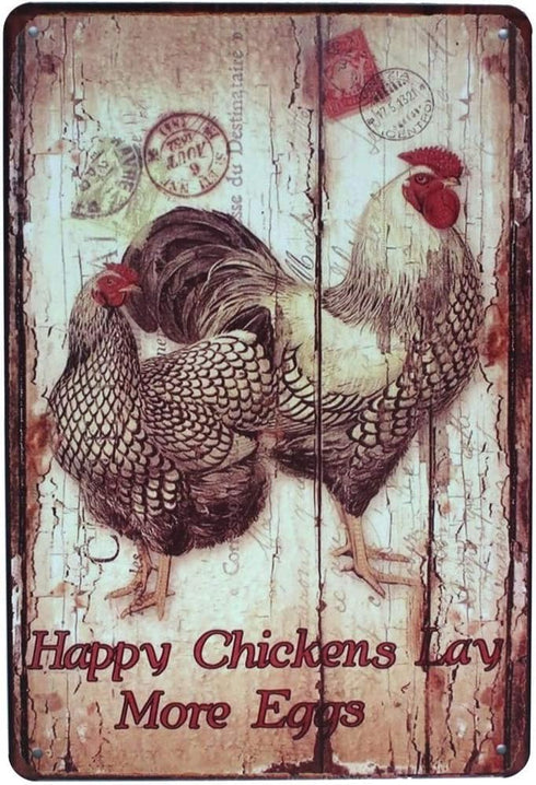 Happy Chickens Lay More Eggs, Rooster Decor Metal Tin Sign, Wall Ornament Farm & Bar Decor 8" X 12"...
