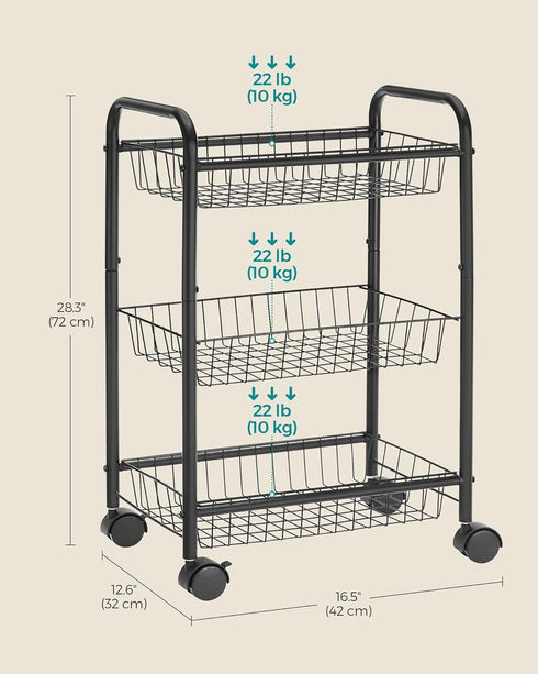 SONGMICS 3-Tier Metal Rolling Cart on Wheels with Baskets, Lockable Utility Trolley with Handles for Kitchen Bathroom Closet, Storage with Removab...