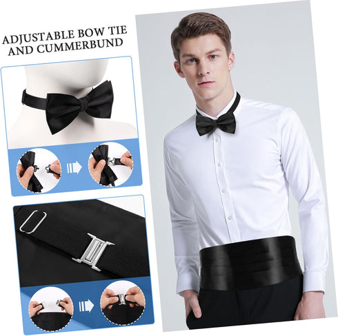 Mens Cummerbund and Bow Tie Set Pocket Square Bow Tie Black Mens Formal Satin Bowtie and Cummerbund Set Gentlemen Suit Accessories for Business We...