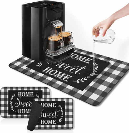 Coffee Mat for Countertops, Black White Grey Buffalo Grid Dish Drying Mat 2 Pcs for Kitchen Coffee Bar Accessories, Fit Under Coffee Maker Espress...