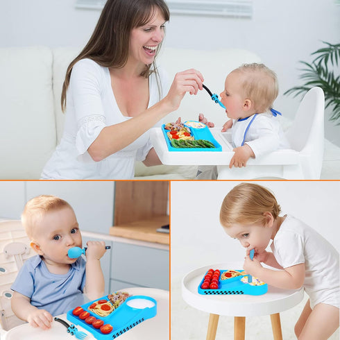 Toddler Plates - Toddler eating Utensil set with Spoon Fork and Removable Straw - Construction theme Toddler Utensils - Baby Plates Feeding set - ...
