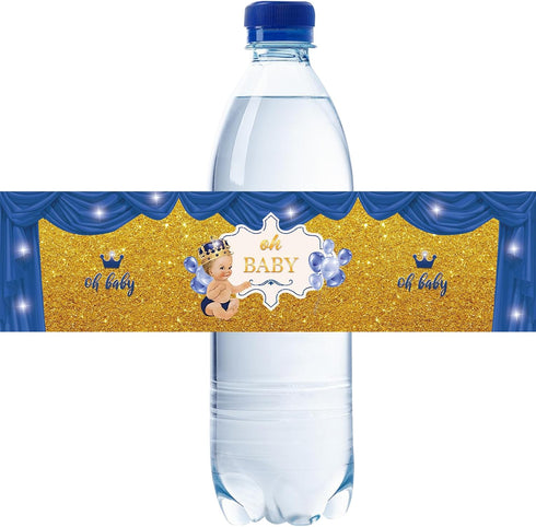32pcs Blue Oh Baby Water Bottle Labels, Gold Glitter Gender Reveal/1st Birthday Stickers, Little Prince Bottle Wrappers, Welcome Baby Boy Bottle W...