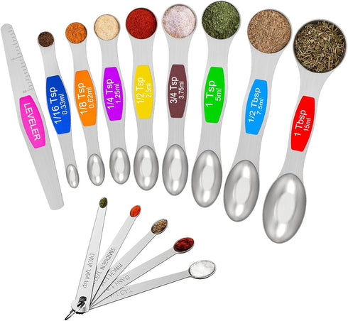Wildone 14 Piece Stainless Steel measuring spoons Set, Including 8 Double Sided Magnetic, 1 Leveler and 5 Mini, for Dry and Liquid Ingredients, Fi...