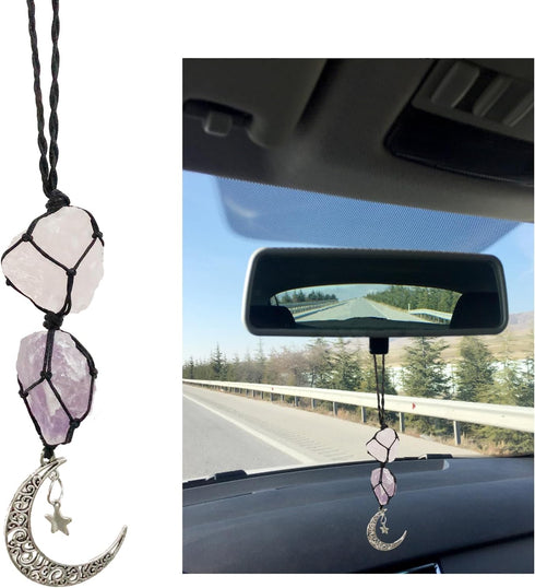 Hanging Car Charms, Tourmaline & Calcite Car Ornament, Crystal Car Rear View Mirror Interior Accessories, Car Handmade Moon Decoration, Valentine'...