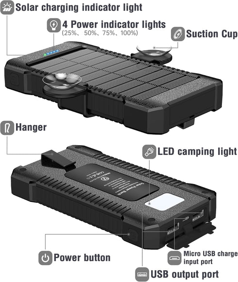 Solar Power Bank 26800mAh,Portable Solar Charger with Suction Cup Mount,IPX7 Waterproof Dustproof Shockproof Battery Pack with 3 USB Ports,with 3 ...