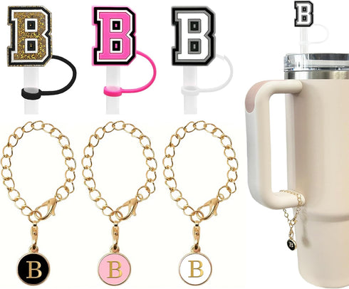 ?3 +3) 3PCS Nuozme Straw Cover 10mm For Stanley Tumbler Cup Reusable Straw Cap Topper with 3 Initial Letter Charms Accessories Name ID Personalize...