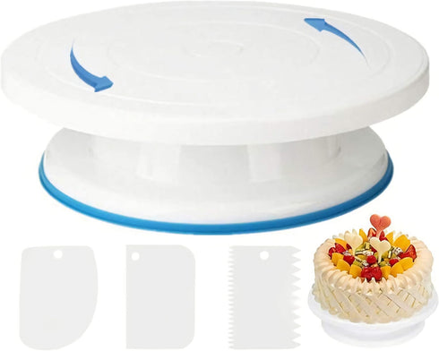 KNC 11 Inch Rotating Cake Turntable with 3x Icing Smoother, Cake Stand, Revolving Cake Stand,Cake Decorating Tools,White Baking Cake Decorating Su...