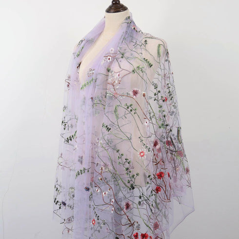 Exquisite Floral Embroidered Lace Fabric Flower Plant Tulle for Sewing Dress Gown Overlay Curtain Embellishment, 60 Inch Wide (2 Yards Precut, Lav...