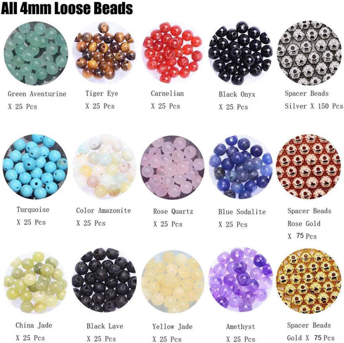4mm Natural Mixed Materials Gemstones Beads and Brass Tiny Spacer Round Loose Beads Jewelry Making KIT with Thread and Needles 300PCS+300 PCS(12 N...
