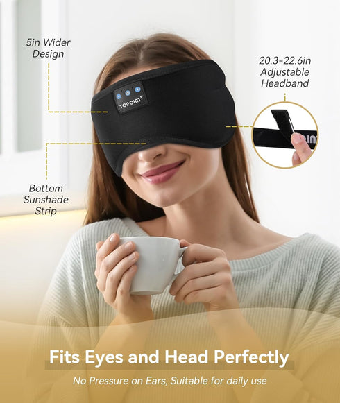 TOPOINT Sleep Mask with Headphones Bluetooth 5.2 Wireless, Sleep Headphone with Microphone Built-in HD Speakers Music, Eye Mask for Sleeping Trave...