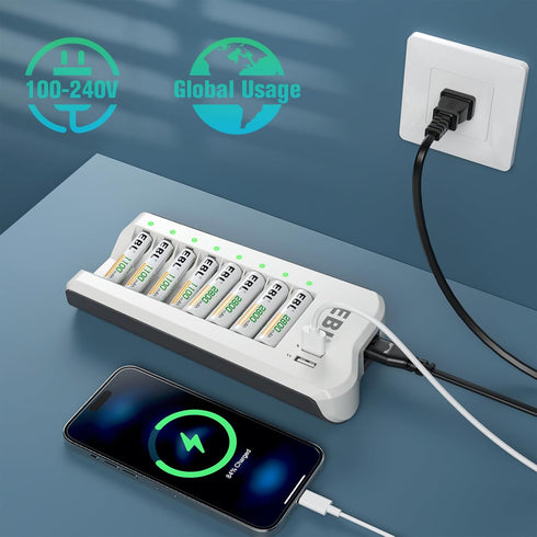 EBL 2300mAh Ni-MH AA Rechargeable Batteries (16 Pack) and Rechargeable AA AAA Battery Charger with 2 USB Charging Ports...