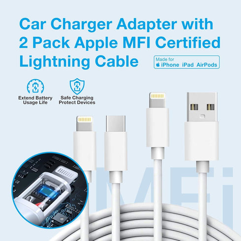 MOCA for iPhone 38W Fast Car Charger, Dual Port USB C Power Delivery All Metal Lighter PD/QC3.0 Car Charger with 2Pack PD Lightning Cord Quick Cha...