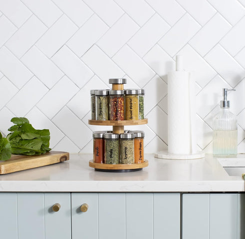 Orii 16 Jar Spice Rack with Spices Included - Rotating Countertop 2 Tier Tower Organizer for Kitchen Spices and Seasonings, (Bamboo Wood)...