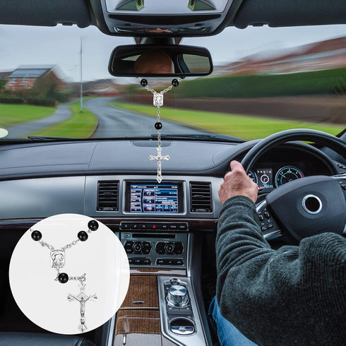 4 Pieces Auto Rosary for Rearview Mirror Pearl Glass Beads Catholic Bracelet Rosary Beads Catholic for Woman Men Car Rosary with Cross Crucifix Ro...