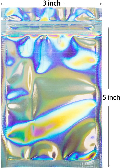 100 Pieces Smell Proof Bags - 3x5 Inches Resealable Mylar Bags Clear Zip Lock Food Candy Storage Bags Holographic Rainbow Color...