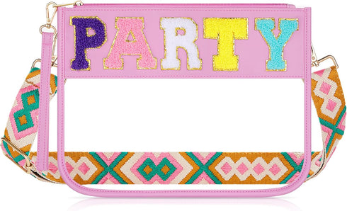 Chenille Letter Clear Travel Zipper Pouch, Preppy Makeup Bag with Removable Shoulder Strap Clear Cosmetic Toiletry Bag, Water-proof Makeup Travel ...