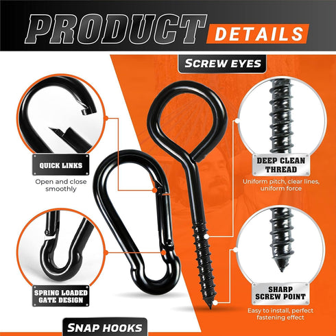 2PCS 5Inch Plated Screw Eyes Hook & 2PCS 8MM Snap Hooks, Heavy Duty Screw in Eye Hooks for Securing Cable Wires, Hammock Stand, Indoor & Outdoor U...