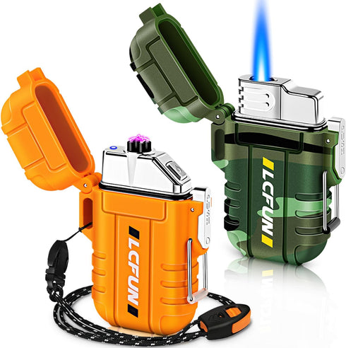LcFun Waterproof Lighter 2 Pack, Refillable Butane Torch Lighters, Electric Lighter USB C Rechargeable, Windproof Dual Arc Plasma Lighters for Cam...