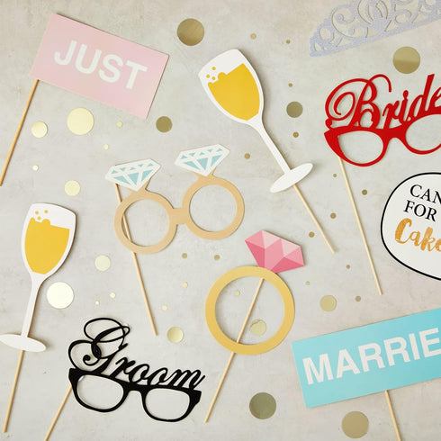 72 Pieces Wedding Photo Booth Props for Bridal Shower, Bachelorette Party, Photobooth Selfies, with Sticks and Stickers...
