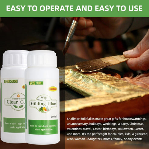 Gold Leaf Adhesive Set, 100ml Water Based Metal Leaf Glue and 100ml Protective Varnish, Gold Leaf Sheets 100 pcs, 2 Brushes, for Craft, Painting a...