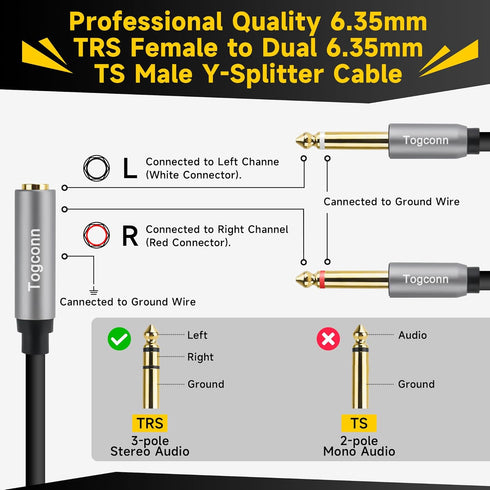 2-Pack 1/4 inch TRS Stereo Splitter Y Cable 1 Feet, 6.35mm TRS Stereo Female Plug to Dual 6.35mm Male TS Mono Jack Audio Speaker Adapter?Short 6.3...
