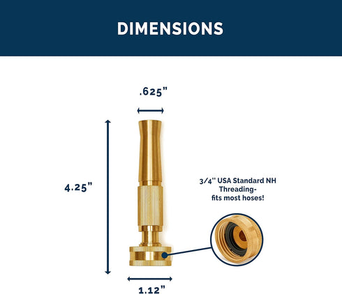 Morvat Solid Brass Metal Twist Garden Hose Nozzle, Heavy Duty Adjustable Power Spray Attachment, High Pressure Water Jet Sprayer with ¾” Standard ...