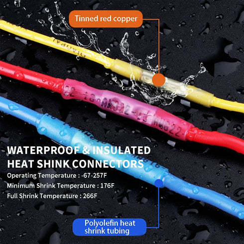 100 Pcs Red Heat Shrink Butt Connectors, 22-16 AWG Marine Grade Insulated Crimp Wire Connectors, Waterproof Electrical Connectors Butt Splice for ...