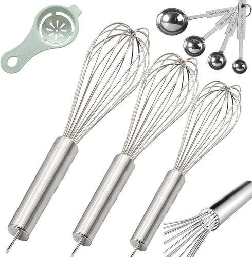 Stainless Steel Whisk, Whisk Set with Measuring Spoon and 8"+10"+12" Wire Whisk for Cooking Blending, Beating, Stirring, Baking (5 Pack Silver)...