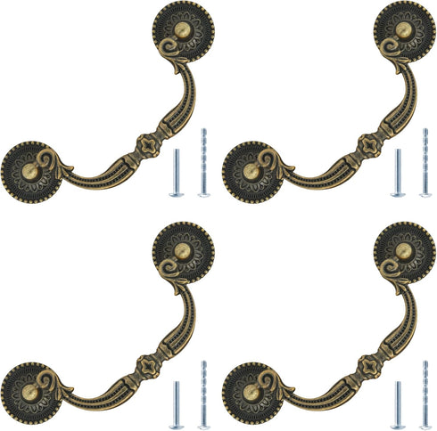 4Pcs 3.75 Inch Hole Center Vintage Drop Bail Drawer Pull Handles, Antique Bronze Cabinet Pulls with Screws for Furniture, Kitchen, Wardrobe, Cupbo...