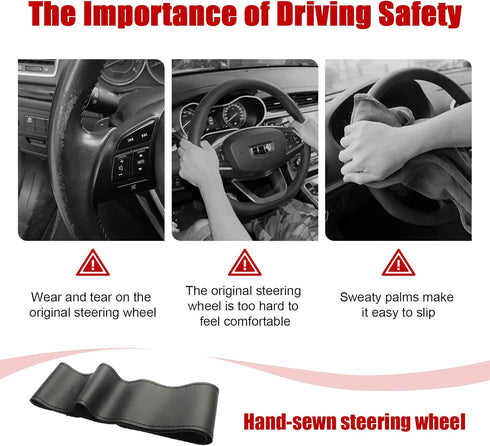 Leather Steering Wheel Cover, Stitch On Wrap, Breathable Anti-Slip Car Steering Wheel Protector for Max Diameter 15'', DIY Sewing with Needle Thre...