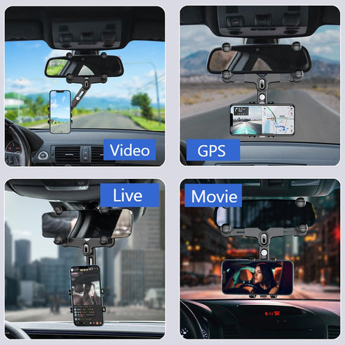 Rear View Mirror Phone Holder, 360°Rotatable and Retractable Rearview Mirror Phone Holder for Car, Upgraded Four Corners Anti-Shake Multifunctiona...