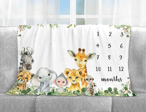 Safari Animals Milestone Blanket, Jungle Baby Growth Chart Monthly Blanket, Watch Me Grow Jungle Wild Baby Nursery for New Moms Baby Shower(50"x40...