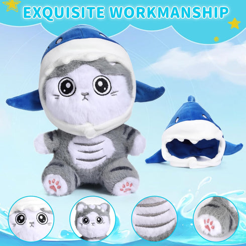 Emoin Shark Cat Plush Toy, 8" Kawaii Cat Stuffed Animal Interactive Toy Kawaii Cat Shark Plushie Removing a Hat can Turn Into Cat Shark Cat Doll P...