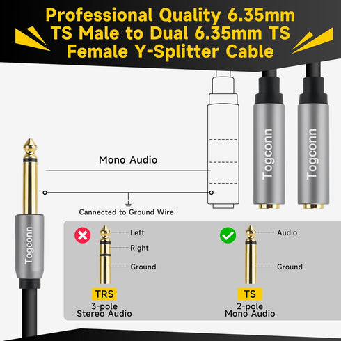 1/4 inch TS Mono Splitter Y Adapter, 6.35mm Mono Male to Dual 6.35 mm TS Mono Female Jack, Quarter inch Audio Speaker Splitter Converter Cable 1 F...