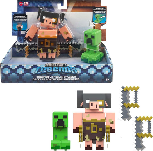 Mattel Minecraft Legends Action Figure 2-Pack, Creeper vs Piglin Bruiser Set, Attack & React Collectible Toys, 3.25-inch...
