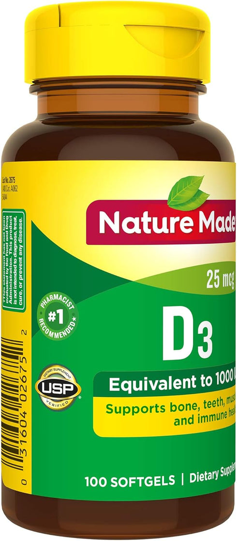 Nature Made Vitamin D3 1000 IU (25 mcg), Dietary Supplement for Bone, Teeth, Muscle and Immune Health Support, 100 Softgels, 100 Day Supply...